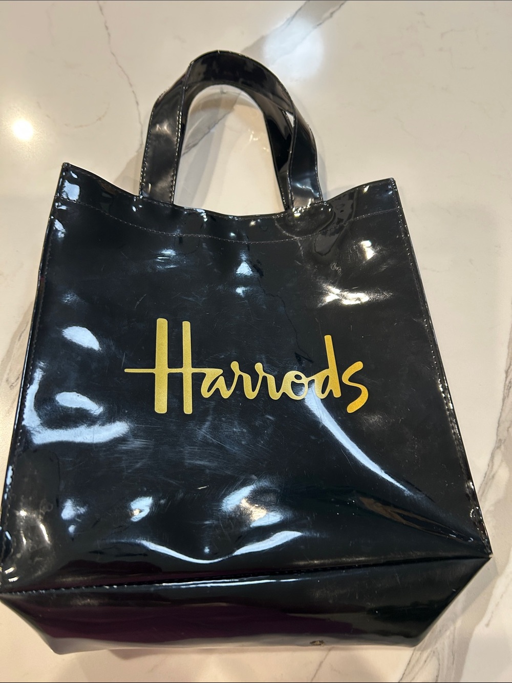 Harrods Black Patent Tote with Gold Script Logo